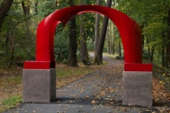 The iconic red sculpture called Untitled (Arch for the KSAT) by Karl Stirner on the Karl Stirner Arts Trail