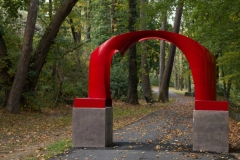 The iconic red Untitled (Arch for the KSAT) sculpture on the Karl Stirner Arts Trail