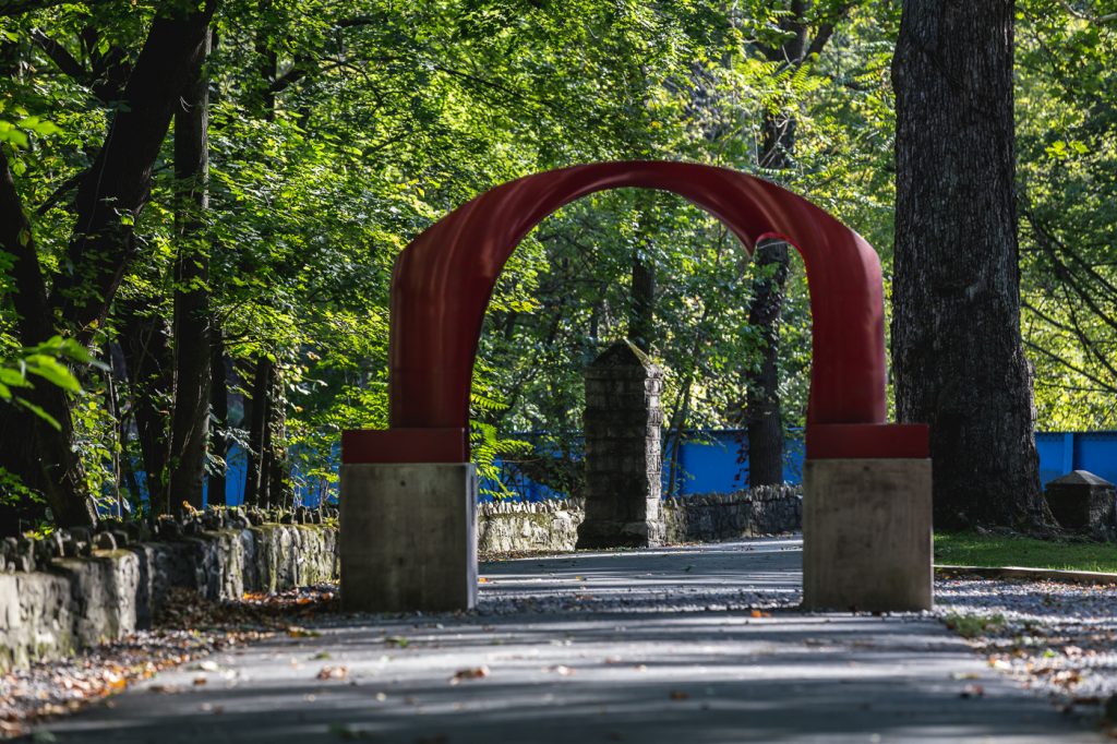 The iconic red arch sculpture on the Karl Stirner Arts Trail in Easton, Pennsylvania