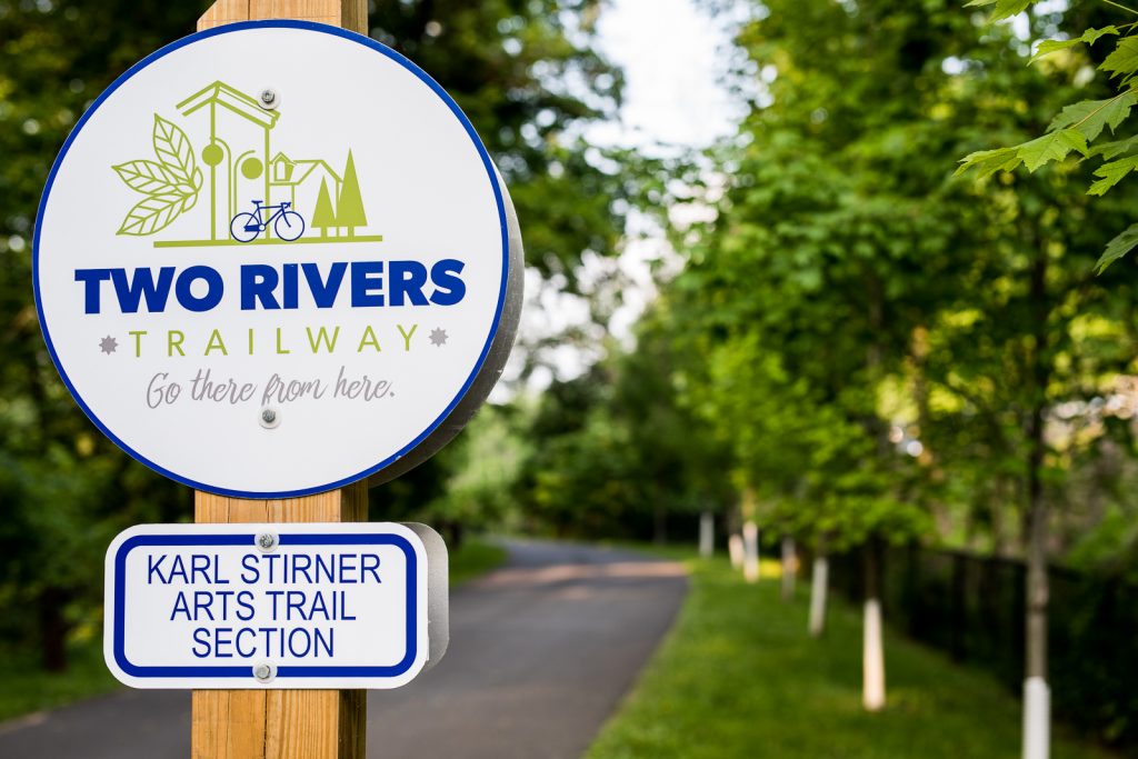 A sign marking the Karl Stirner Arts Trail section of the Two Rivers Trailway in Easton, Pennsylvania