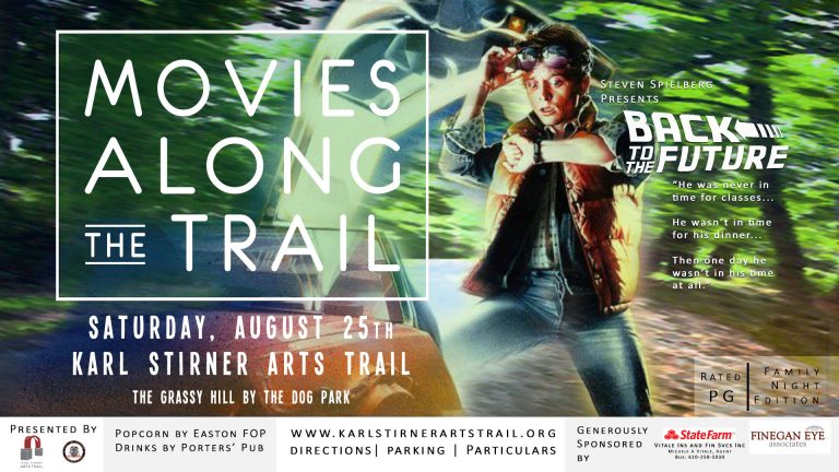 Actor Michael J. Fox portrays Marty McFly looking at his watch on a poster promoting the Movies Along the Trail screening of Back to the Future at the Karl Stirner Arts Trail in Easton, Pennsylvania.