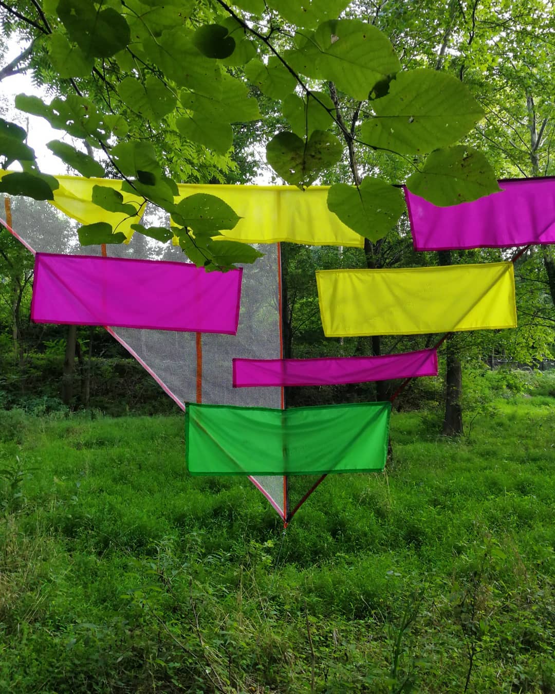 Backgrounded by grass and tree leaves, the outdoor art installation Site Lines on the Karl Stirner Arts Trail by sculptor Rachel Hayes features colorful construction mesh and nylon flag fabric.