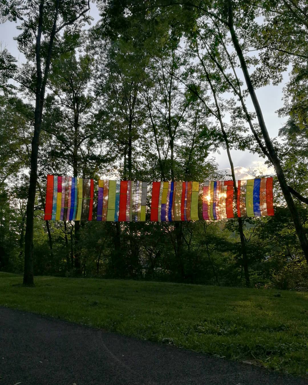 Stretched between two trees, a piece of the outdoor art installation Site Lines on the Karl Stirner Arts Trail by sculptor Rachel Hayes features colorful construction mesh and nylon flag fabric.