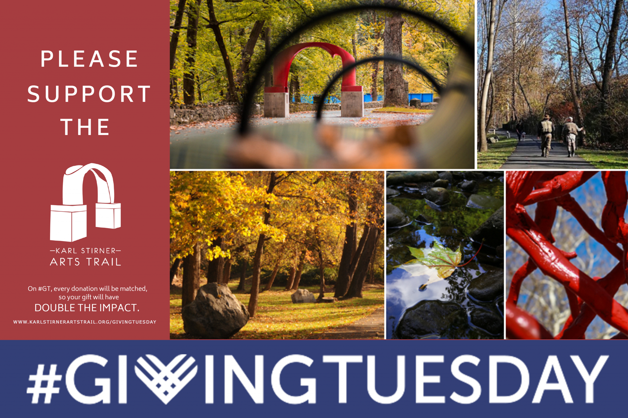 A collage of five scenes from the Karl Stirner Arts Trail in Easton, Pennsylvania, along with the hashtag #GivingTuesday