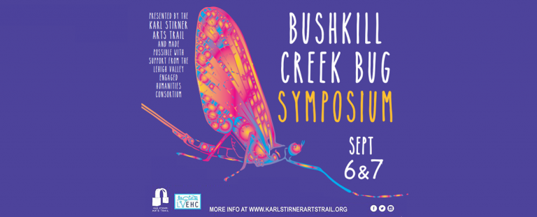 An illustration of a bug and words that include Bushkill Bug Symposium