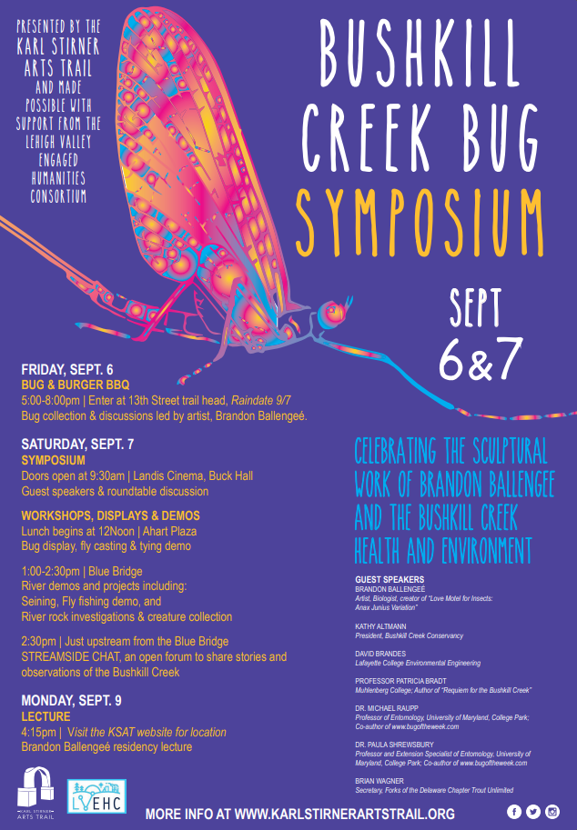 A poster with a drawing of a bug and the title Bushkill Creek Bug Symposium Sept. 6 & 7
