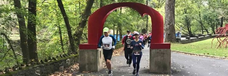 Runners in the Artful Dash race An orchard with cages protecting the plants on the Karl Stirner Arts Trail in Easton, Pennsylvania, with those in front passing thorugh the red arch sculpture.