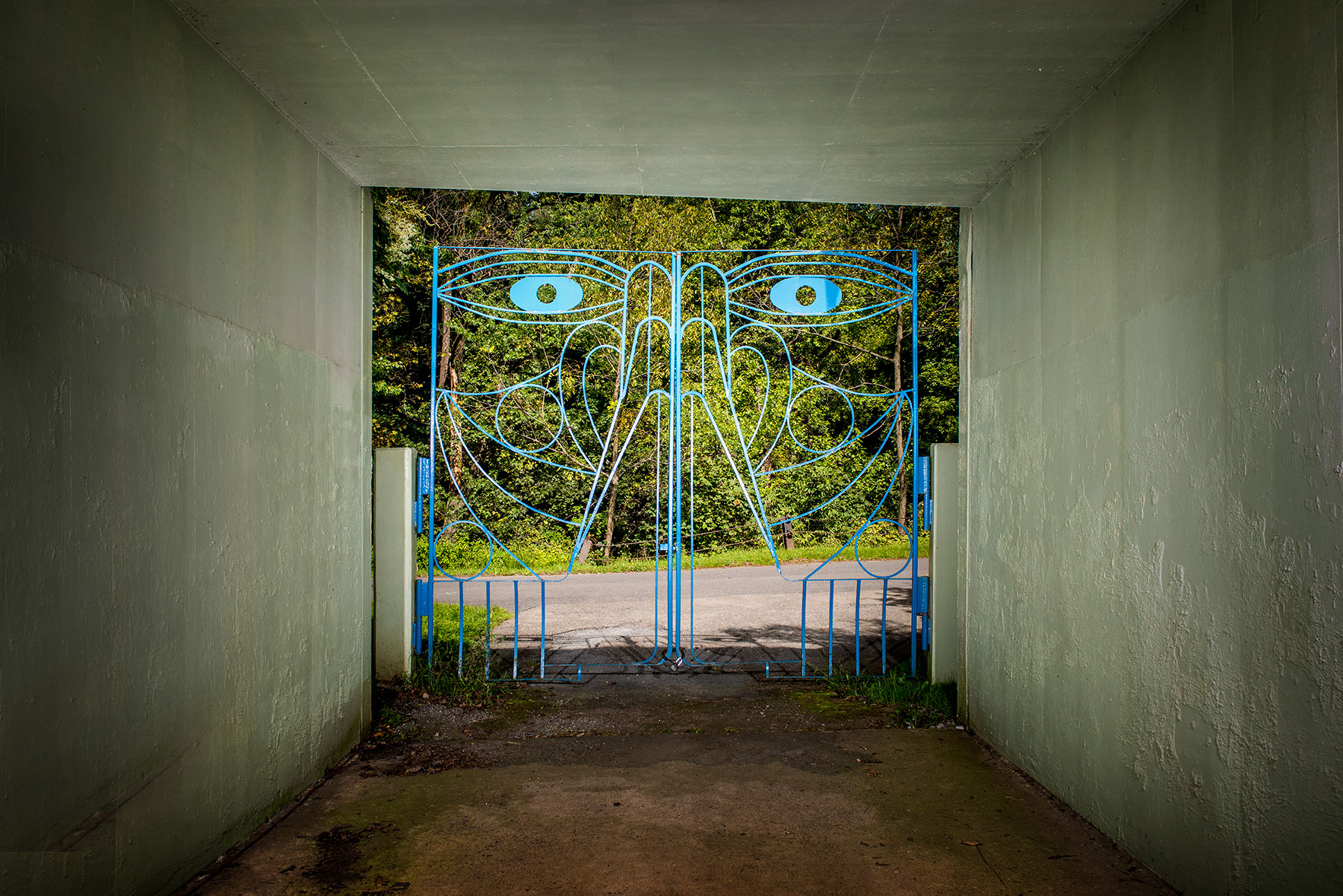 Grace Gate by artist Willie Cole on the Karl Stirner Arts Trail in Easton Cemetery is a gate painted blue that looks like a face.