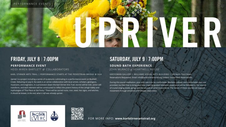 Poster for UPRIVER performance events, including a woman in white wearing flowers on her head