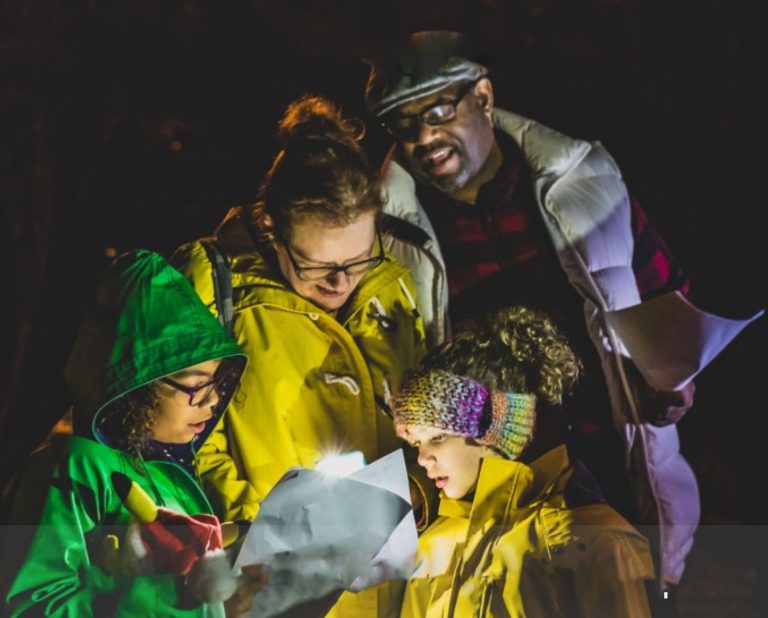 A man, woman, boy, and girl look at a piece of paper each one is holding as the woman illuminates one paper with her smartphone flashlight.