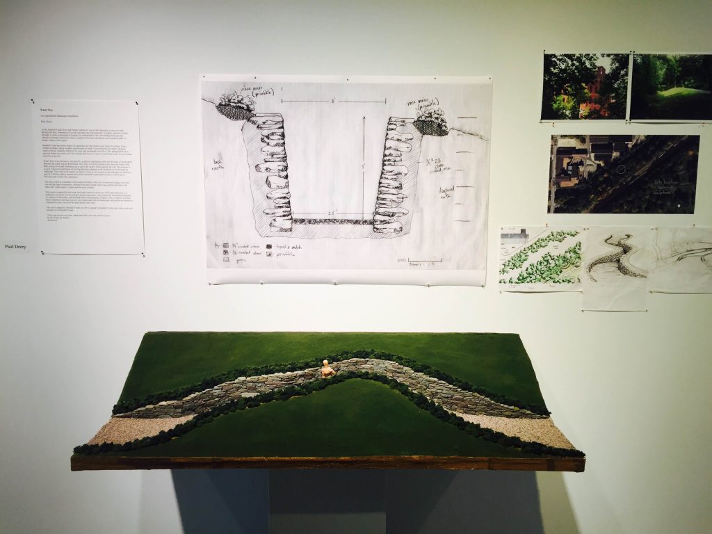 A model of artist Paul Deery's proposed Water Way installation along with related drawings and photos at the proposed site on the Karl Stirner Arts Trail in Easton, Pennsylvania. 