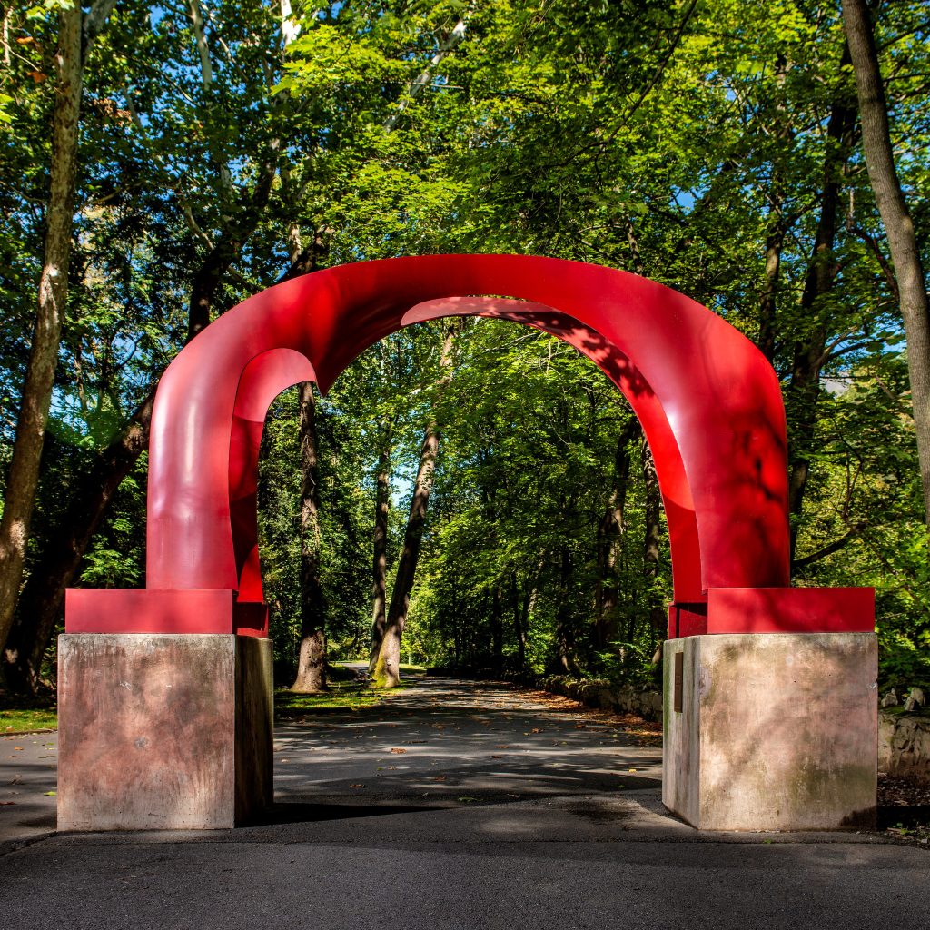 The iconic red arch sculpture by Karl Stirner on the Karl Stirner Arts Trail in Easton, Pennsylvania