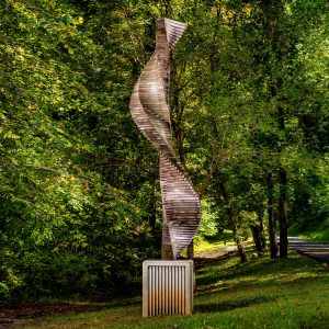 The spiral sculpture made of redwood by Patricia Meyerowitz called Easton Ellipse on the Karl Stirner Arts Trail in Easton, Pennsylvania