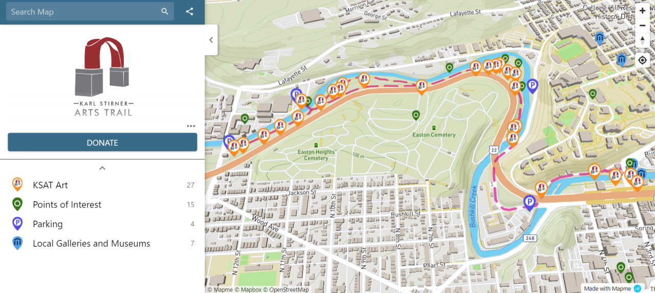An screenshot from an interactive map of the Karl Stirner Arts Trail in Easton, Pennsylvania, featuring a rendering of the trail and nearby streets as well as icons respresenting artworks and points of interest