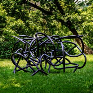 A sculpture comprised of curving metal tubes by Patrick Strzelec called Jungle on the Karl Stirner Arts Trail in Easton, Pennsylvania