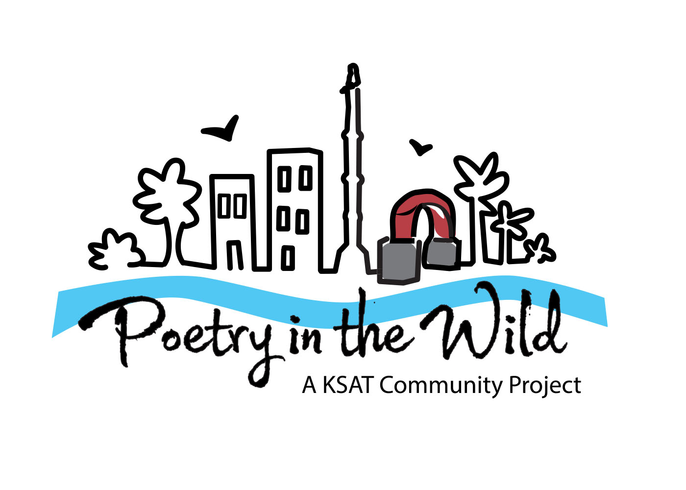 Poetry in the Wild A simple drawing of a few buildings, trees, and birds alongside the iconic red arch sculpture from the Karl Stirner Arts Trail along with the words, Poetry in the Wild, a KSAT Community Project