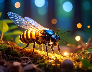 An AI-generated image of a firefly with its light on
