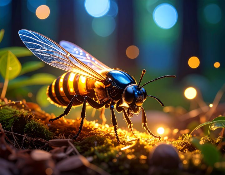 An AI-generated image of a firefly with its light on