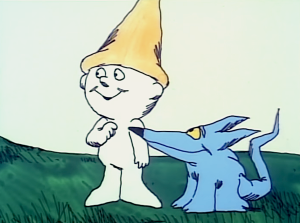 Oblio, a young boy with a pointy hat, stands next to his blue dog in the animated film The Point.
