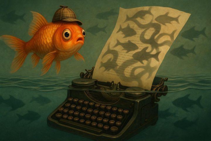 An AI-generated cartoon image of a fish with a Sherlock Holmes-style detective hat swimming by a typewriter with a typed page coming out of the typewriter against a backdrop of shadow fish.