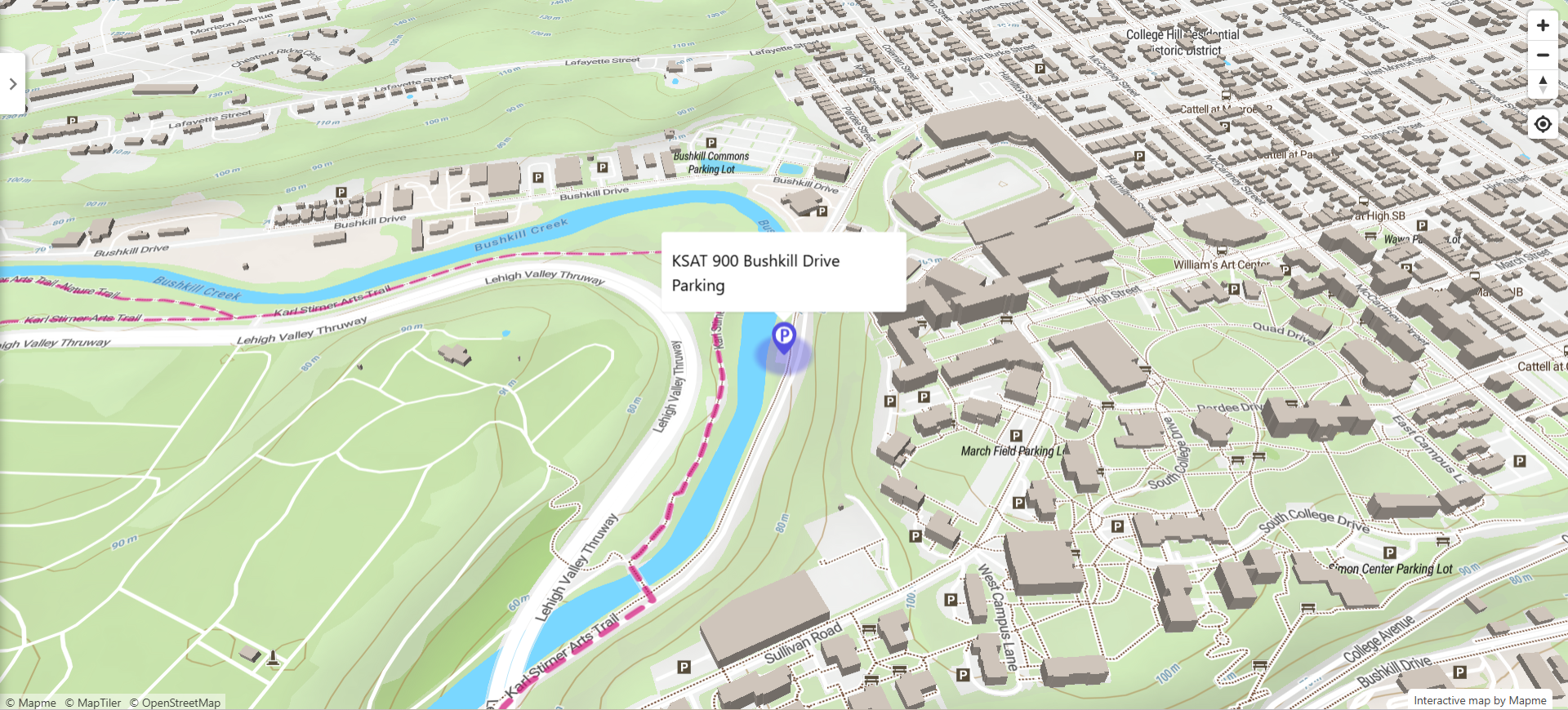 A street map identifying the parking lot at 900 Bushkill Drive along with surrounding streets in Easton, Pennsylvania