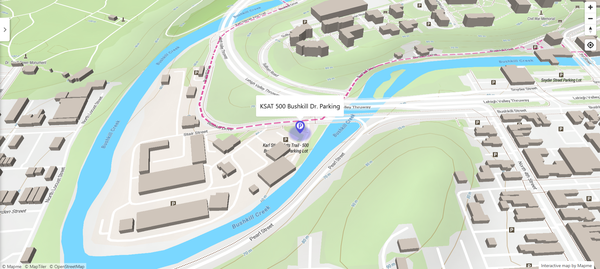 A street map identifying the parking lot at 500 Bushkill Drive along with surrounding streets in Easton, Pennsylvania