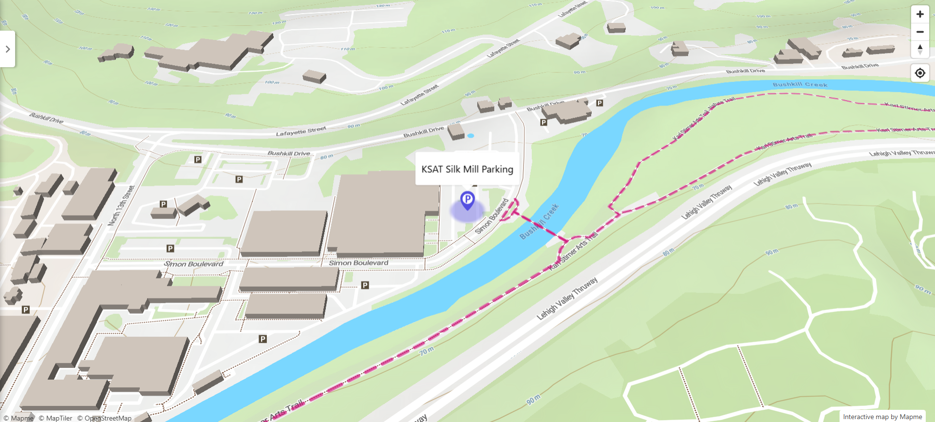 A street map identifying the parking lot in the Silk complex near its connection to the Karl Stirner Arts Trail's pedestrian bridge in Easton, Pennsylvania